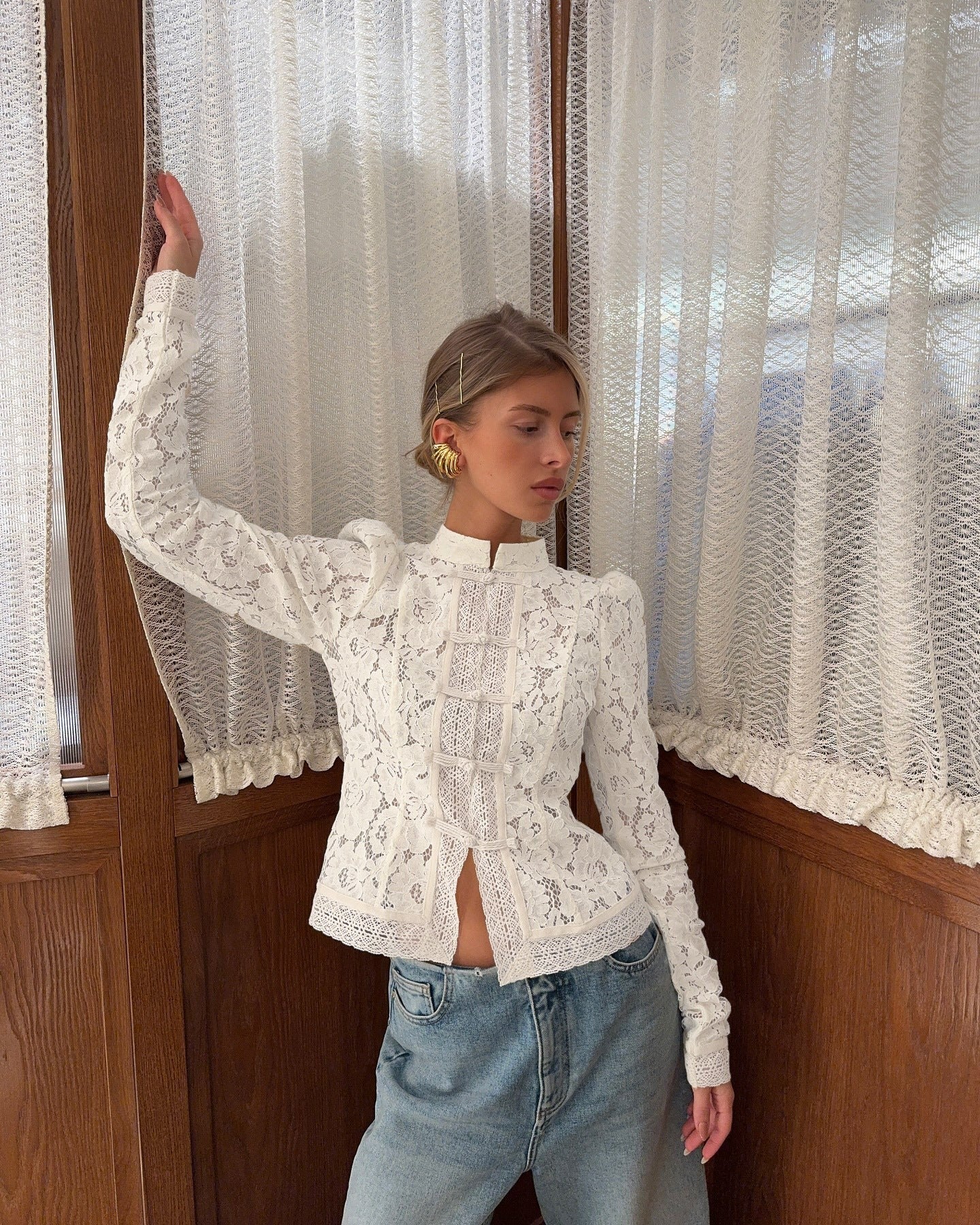 Delavine Lace Crochet High Neck Blouse - White