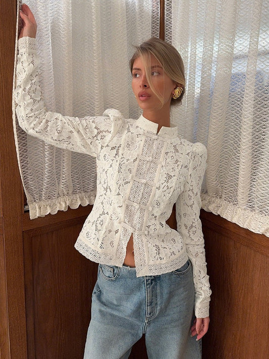 Delavine Lace Crochet High Neck Blouse - White