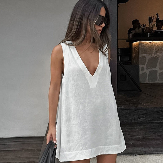 Liora Deep V Cotton Tank Top - White