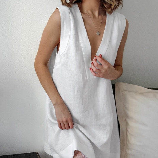 Liora Deep V Cotton Tank Top - White