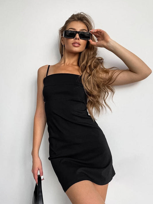 Veyra Cutout Square Neck Slip Dress - Black