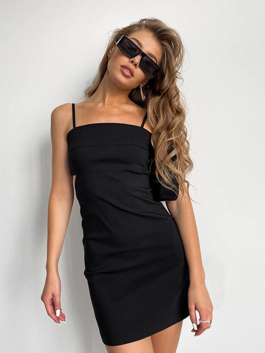 Veyra Cutout Square Neck Slip Dress - Black