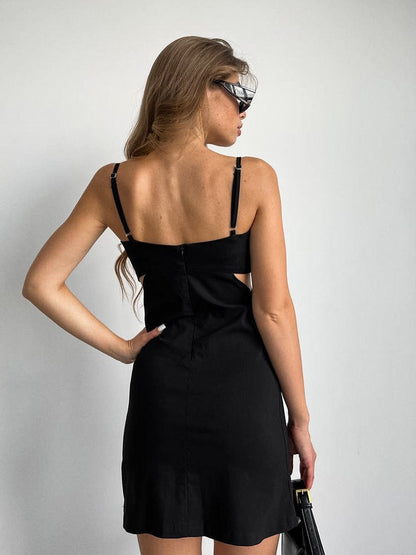 Veyra Cutout Square Neck Slip Dress - Black